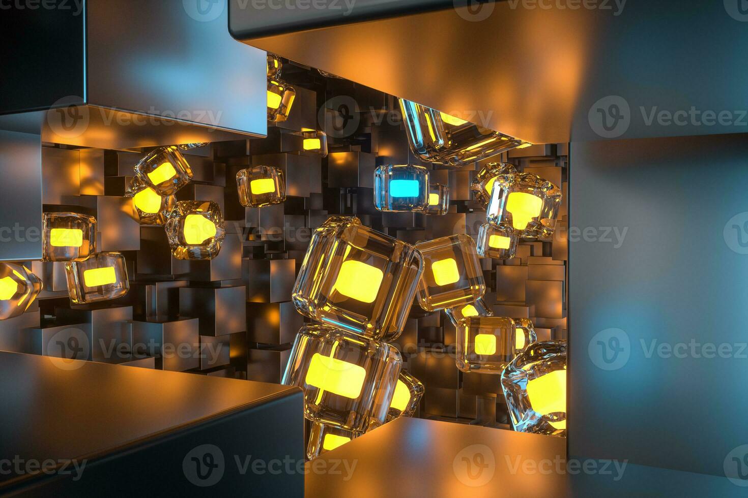 A room full with dark cubes, Illuminated by glowing cubes, 3d rendering photo