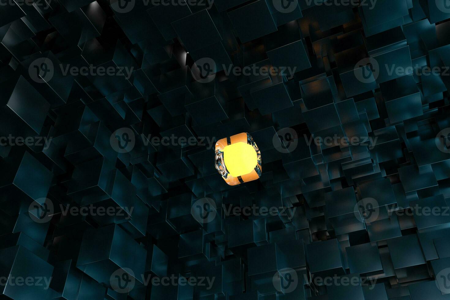 A room full with dark cubes, Illuminated by glowing cubes, 3d rendering photo