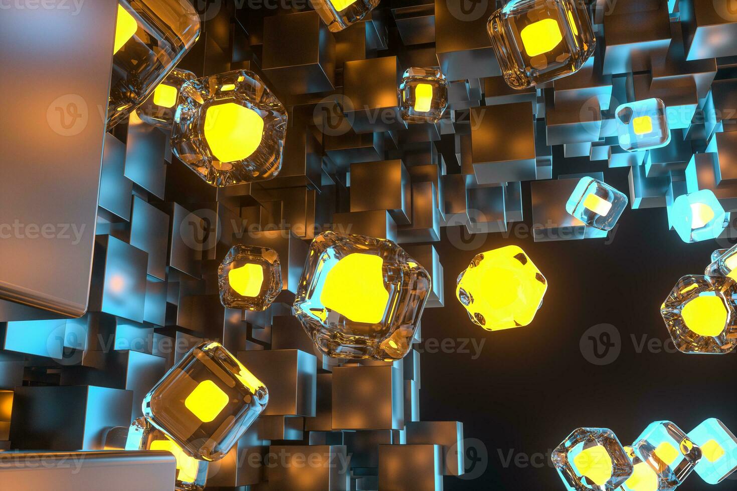 A room full with dark cubes, Illuminated by glowing cubes, 3d rendering photo