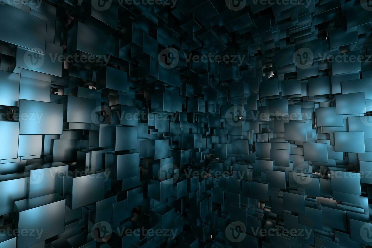 A room full with dark cubes, Illuminated by glowing cubes, 3d rendering photo