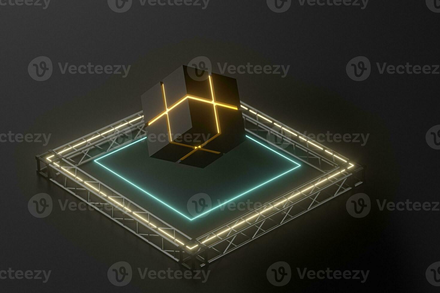 The cube floats above the glowing cubes, 3d rendering. photo