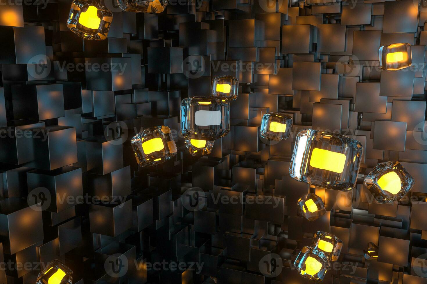 A room full with dark cubes, Illuminated by glowing cubes, 3d rendering photo