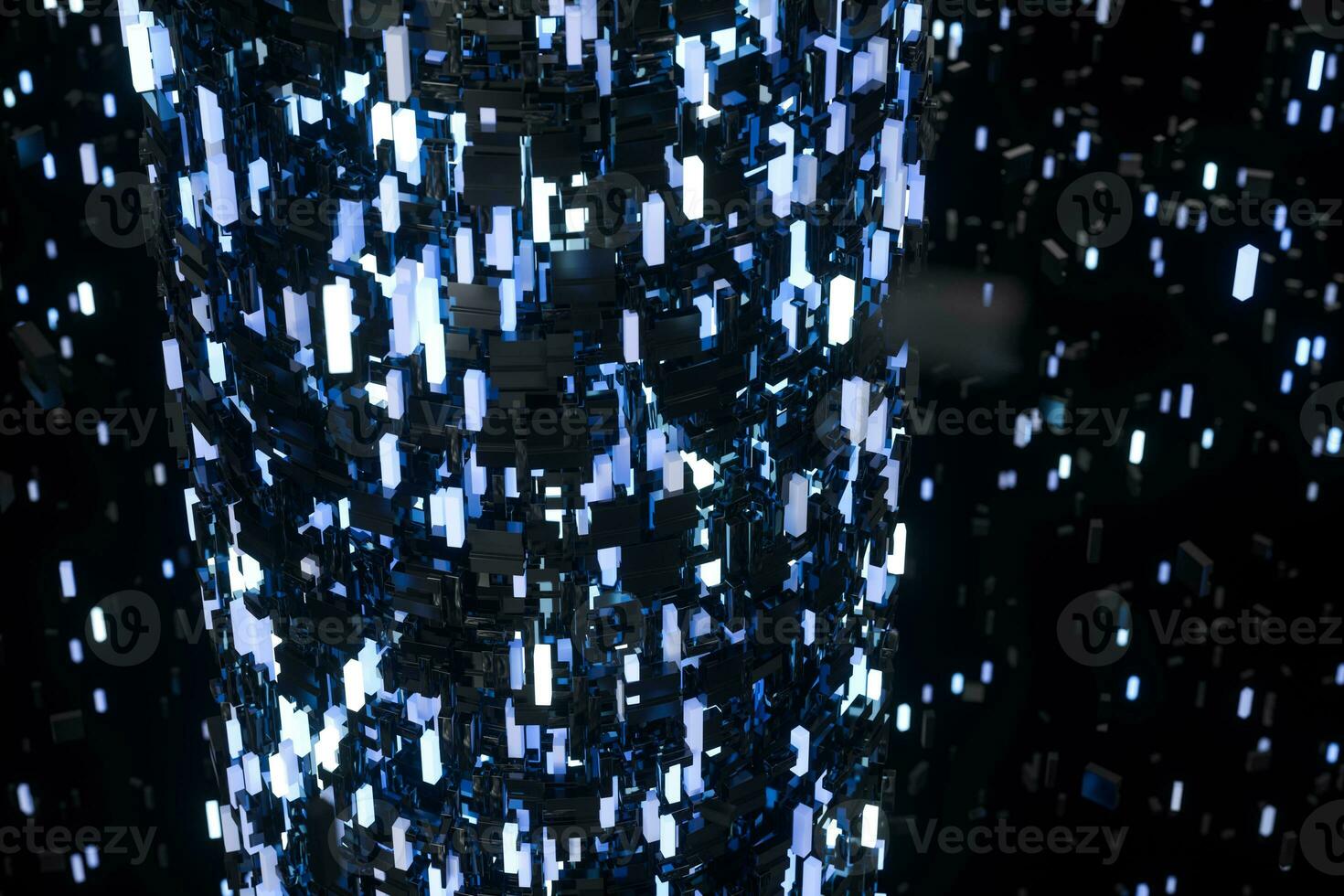 A room full with dark cubes, Illuminated by glowing cubes, 3d rendering photo