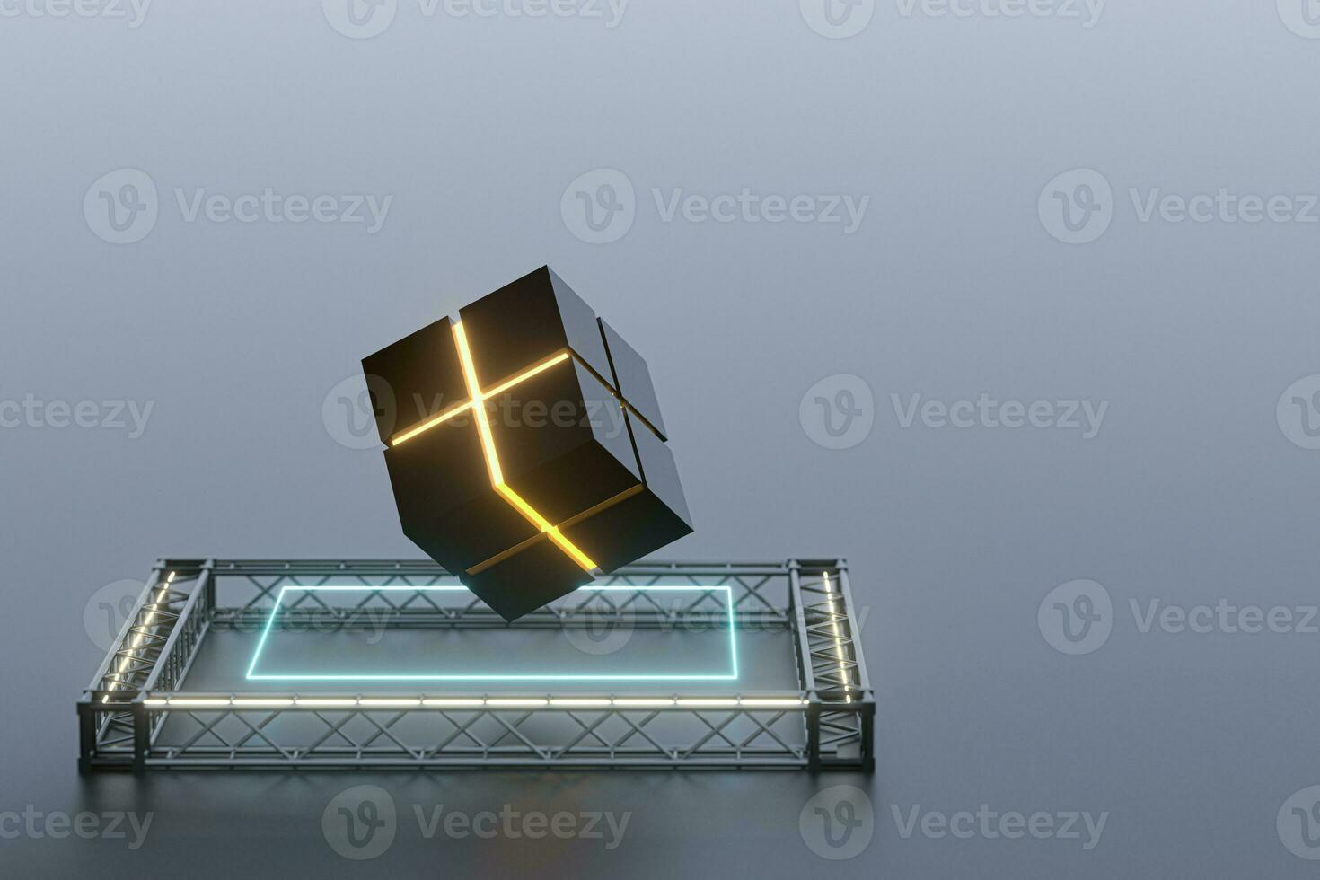 The cube floats above the glowing cubes, 3d rendering. photo