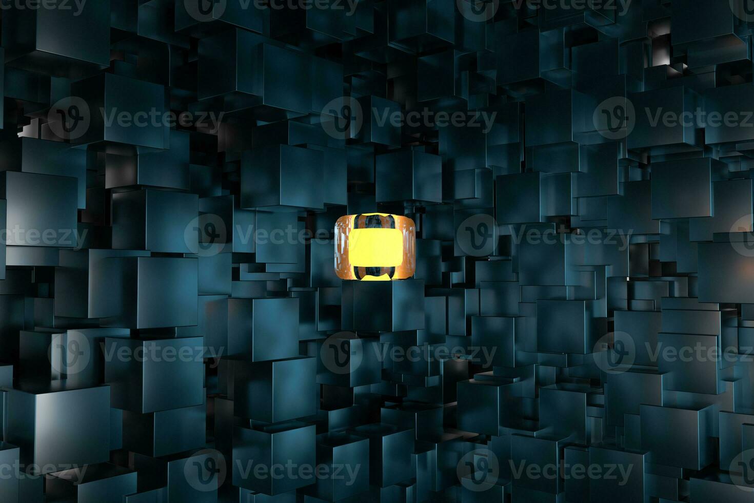 A room full with dark cubes, Illuminated by glowing cubes, 3d rendering photo