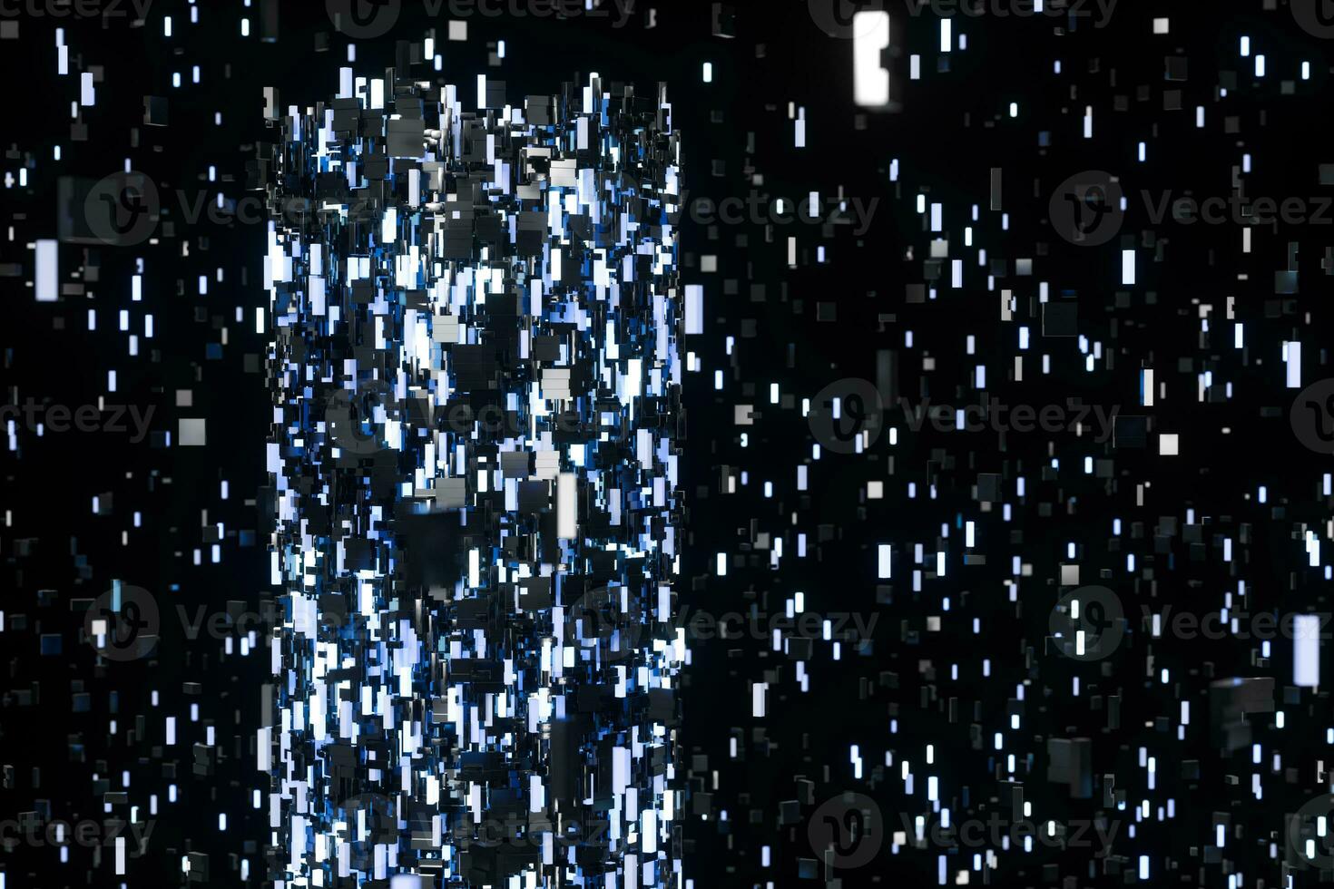 A room full with dark cubes, Illuminated by glowing cubes, 3d rendering photo