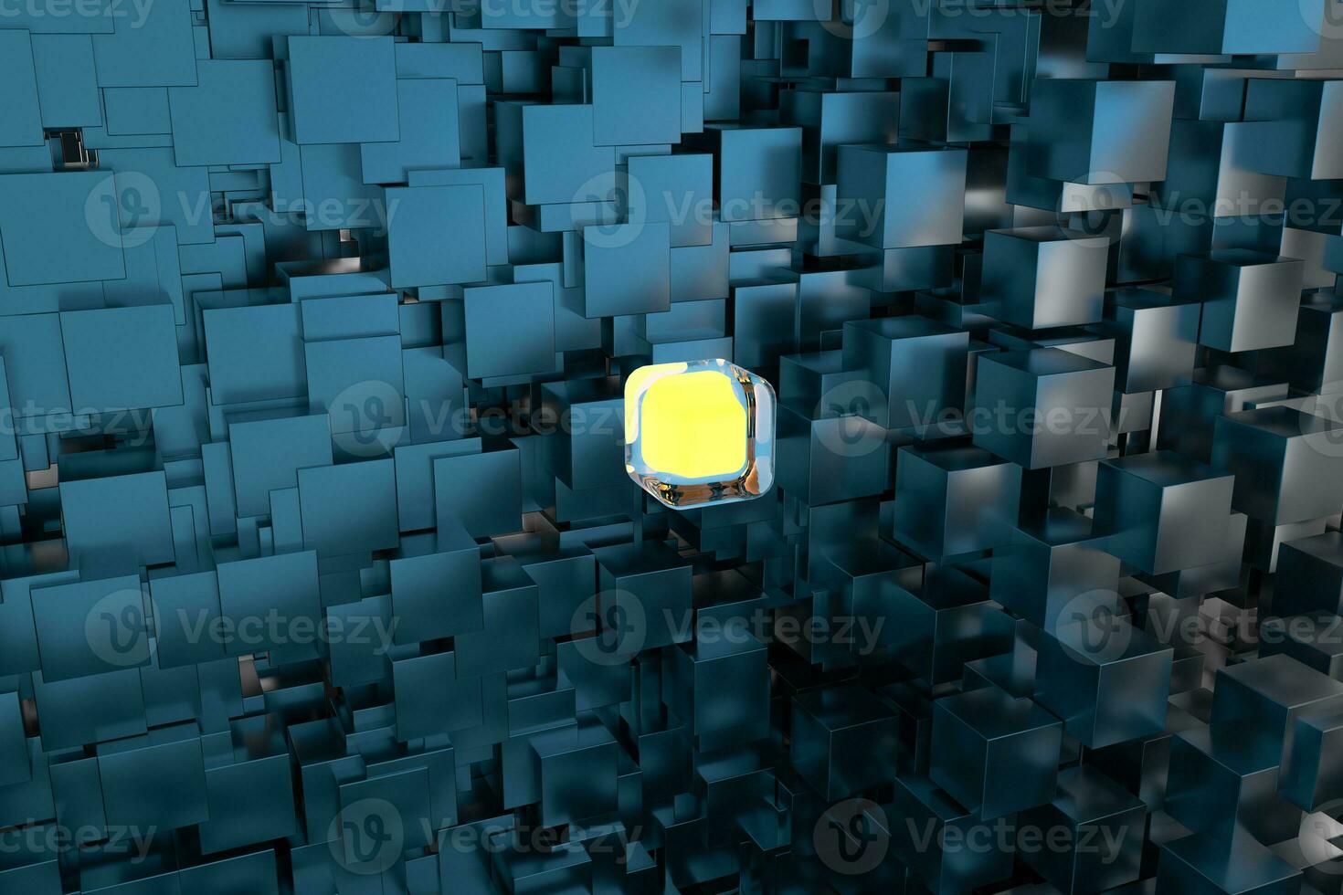 A room full with dark cubes, Illuminated by glowing cubes, 3d rendering photo