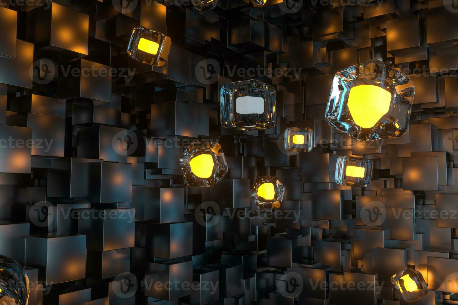 A room full with dark cubes, Illuminated by glowing cubes, 3d rendering photo