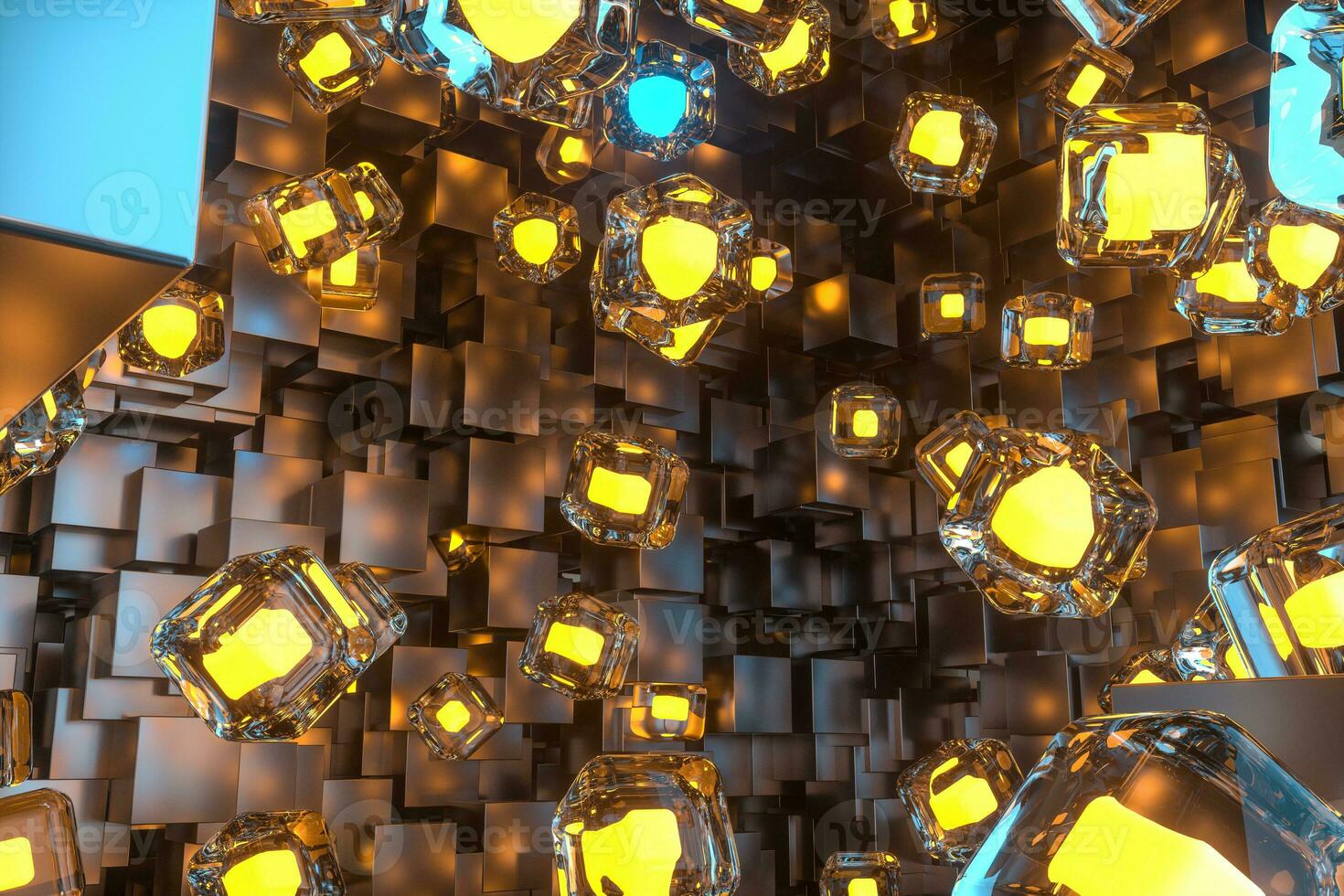 A room full with dark cubes, Illuminated by glowing cubes, 3d rendering photo