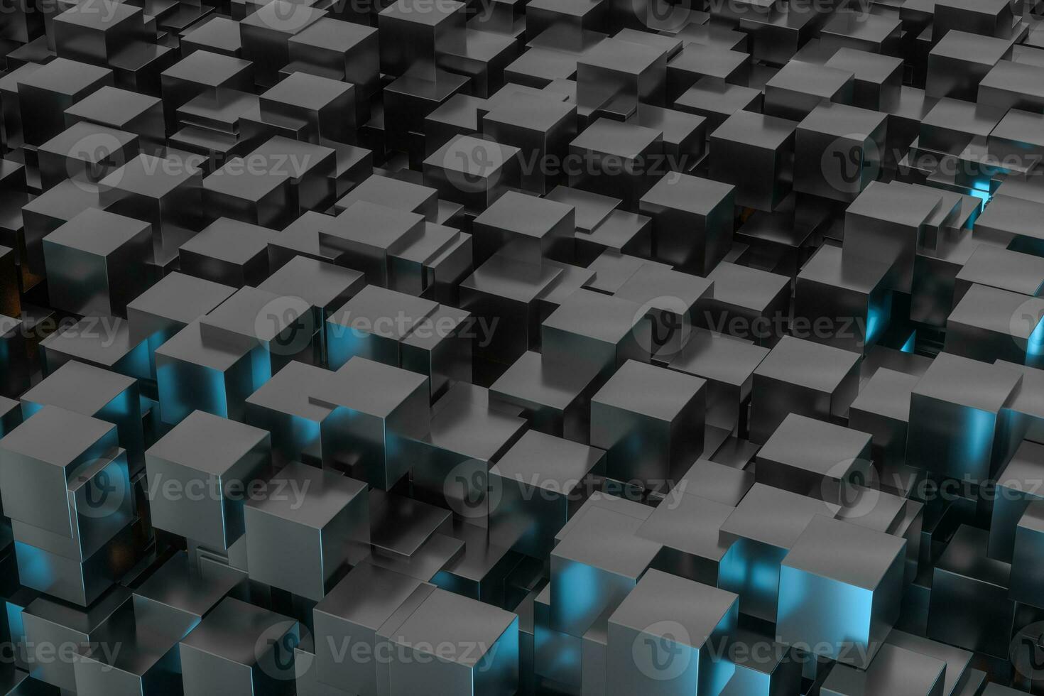 A room full with dark cubes, Illuminated by glowing cubes, 3d rendering photo