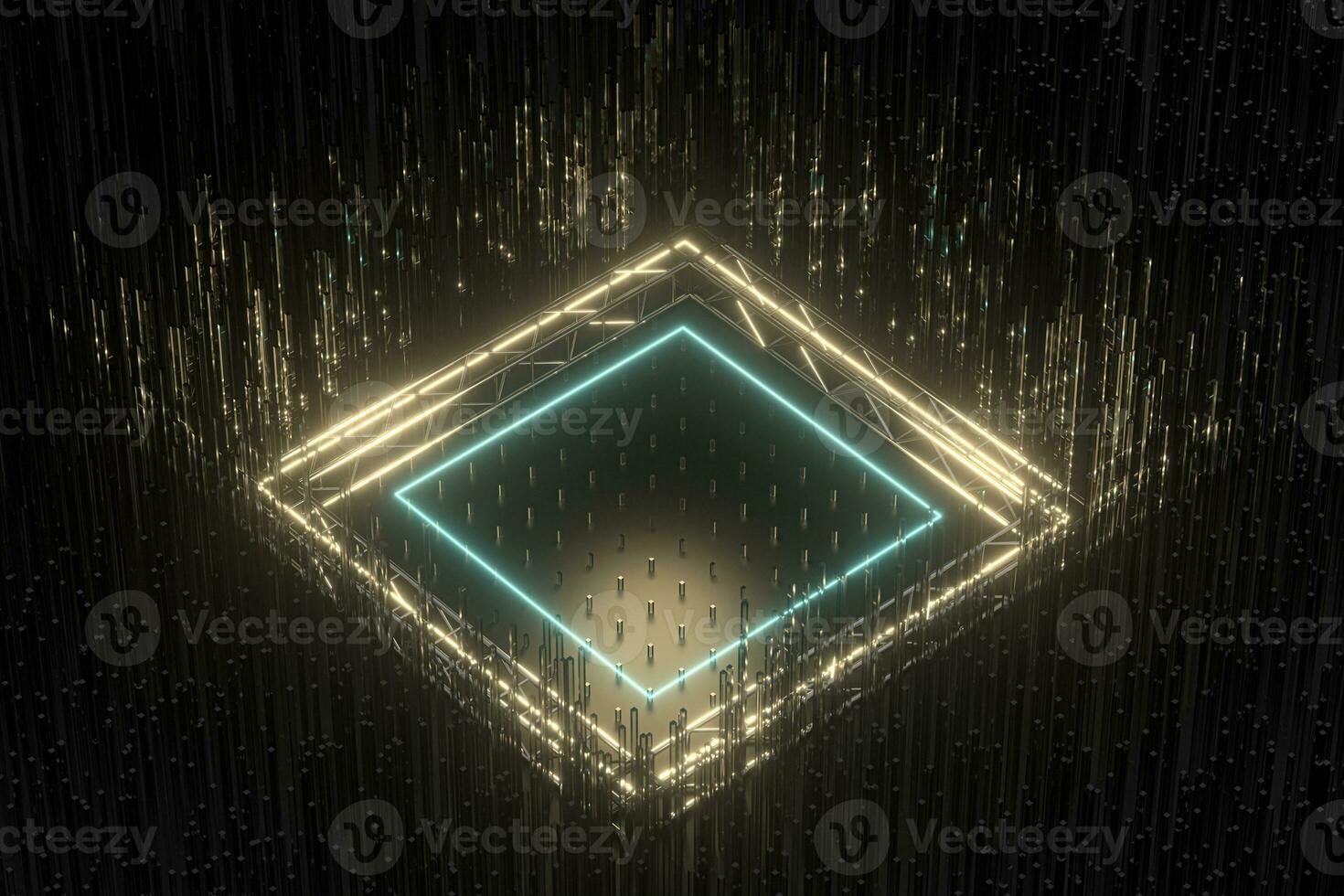 Steel frame and glowing cubes, 3d rendering. photo