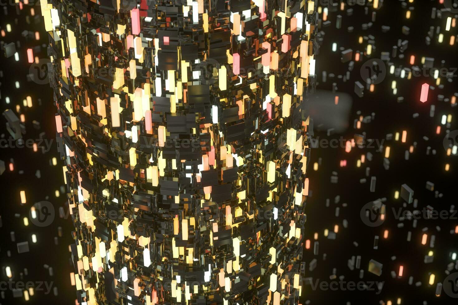 A room full with dark cubes, Illuminated by glowing cubes, 3d rendering photo