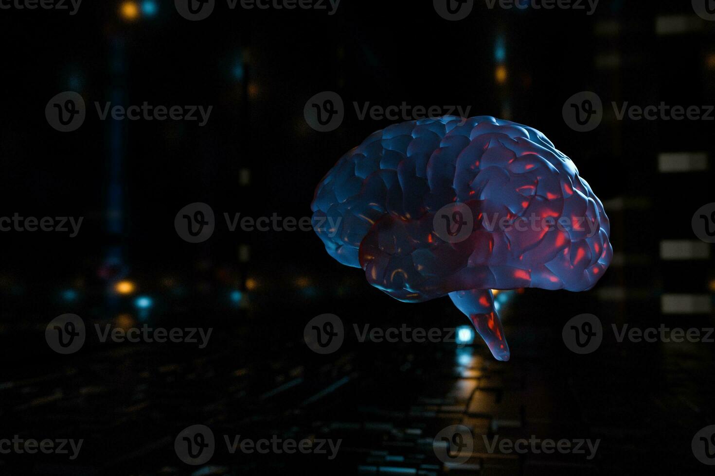 Brain and dark cubic space background, 3d rendering. photo