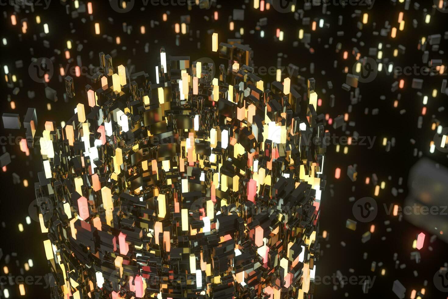 A room full with dark cubes, Illuminated by glowing cubes, 3d rendering photo