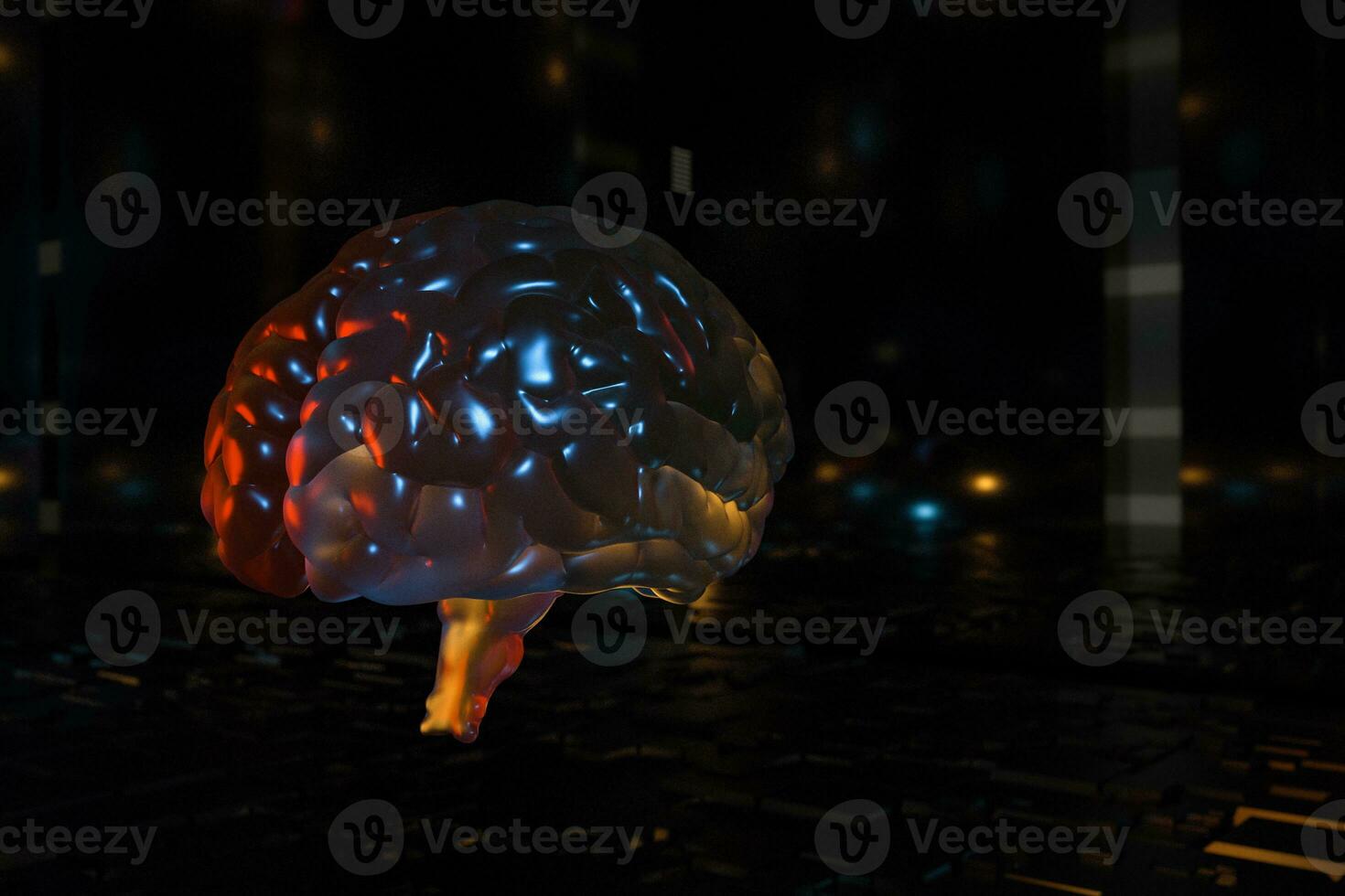 Brain and dark cubic space background, 3d rendering. photo