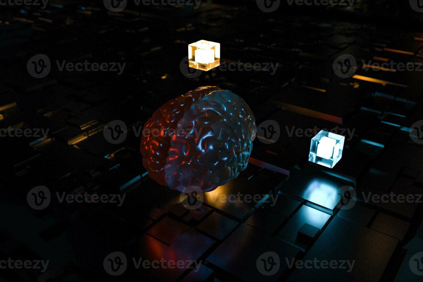 Brain and dark cubic space background, 3d rendering. photo