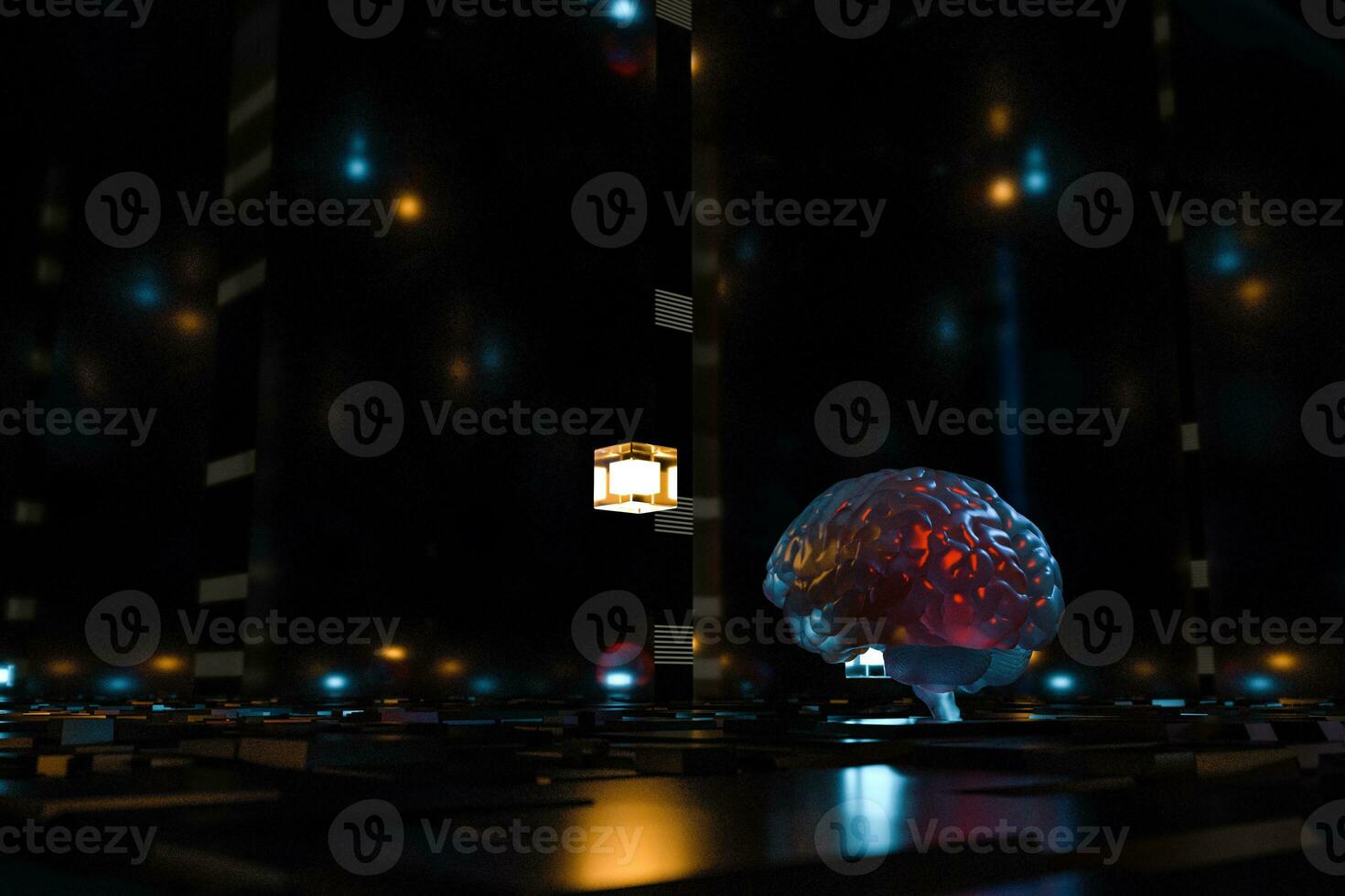 Brain and dark cubic space background, 3d rendering. photo