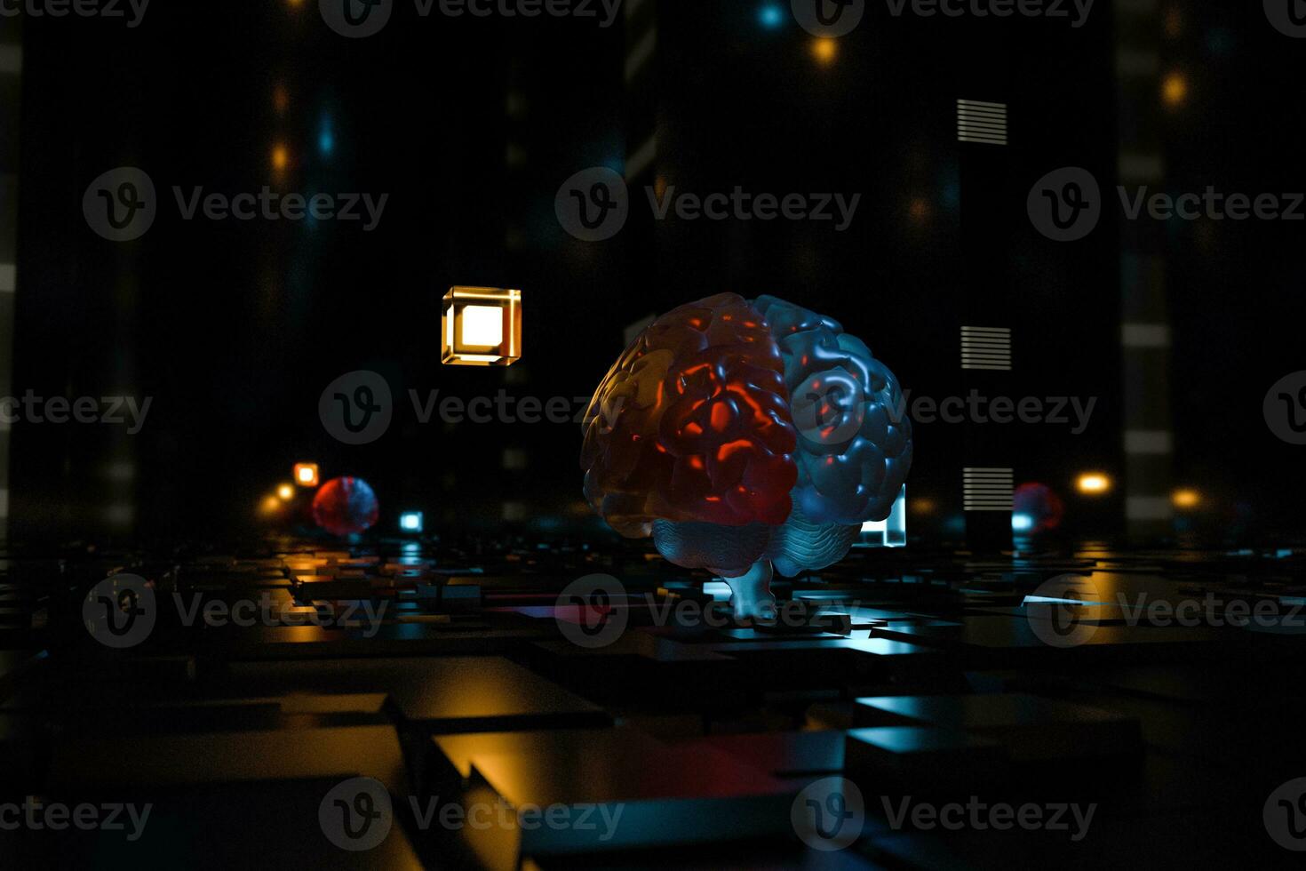 Brain and dark cubic space background, 3d rendering. photo