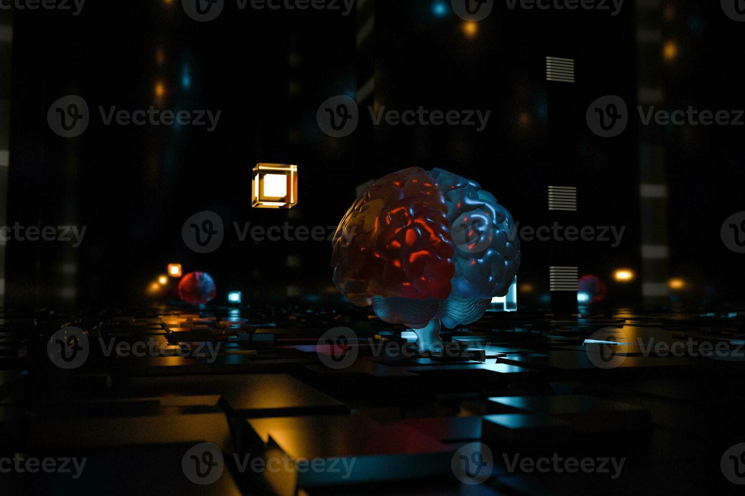 Brain and dark cubic space background, 3d rendering. photo