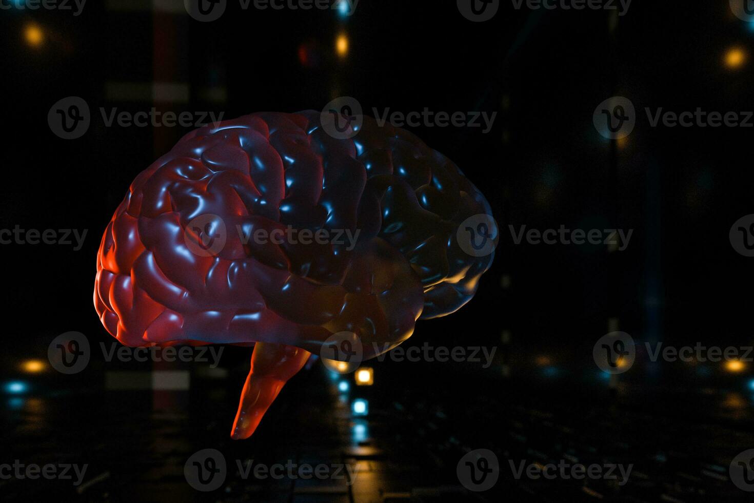 Brain and dark cubic space background, 3d rendering. photo