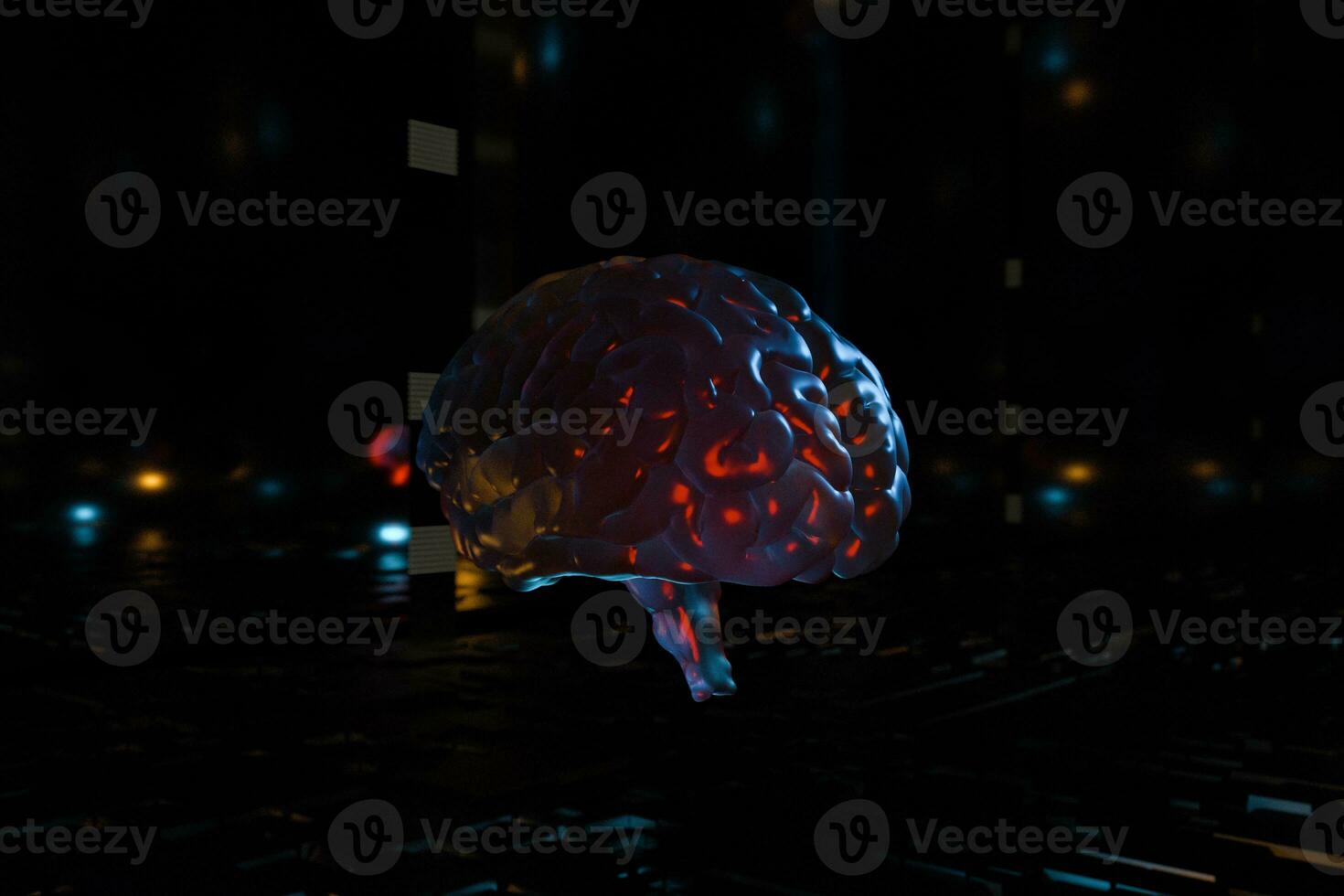 Brain and dark cubic space background, 3d rendering. photo