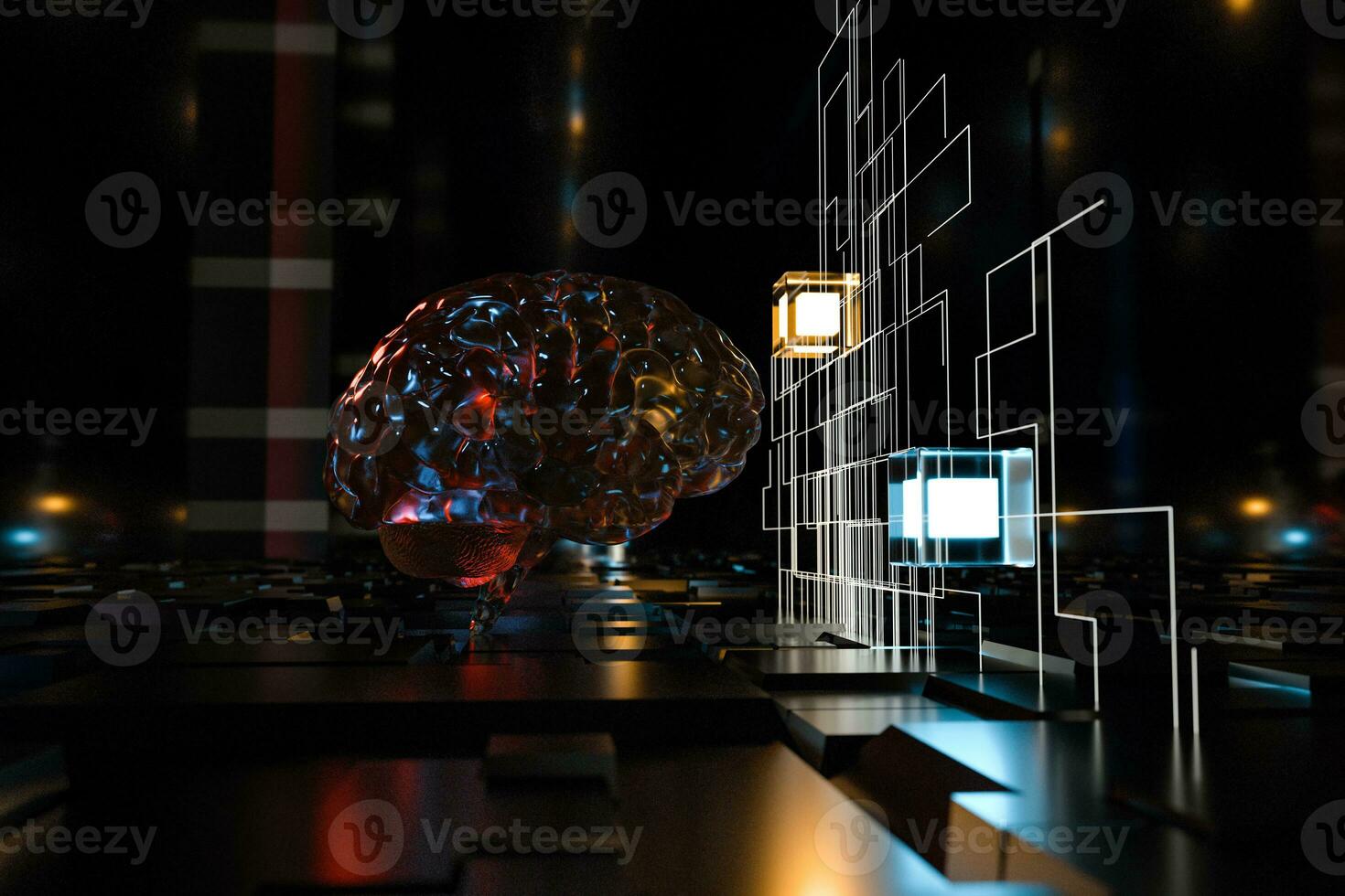 Brain and dark cubic space background, 3d rendering. photo