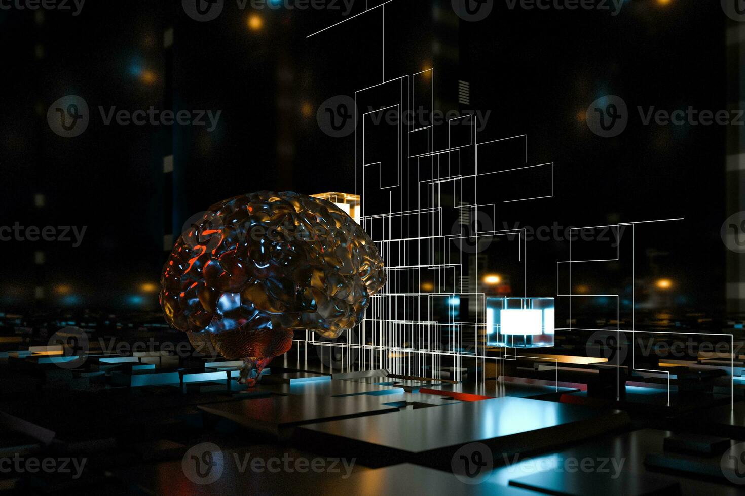 Brain and dark cubic space background, 3d rendering. photo