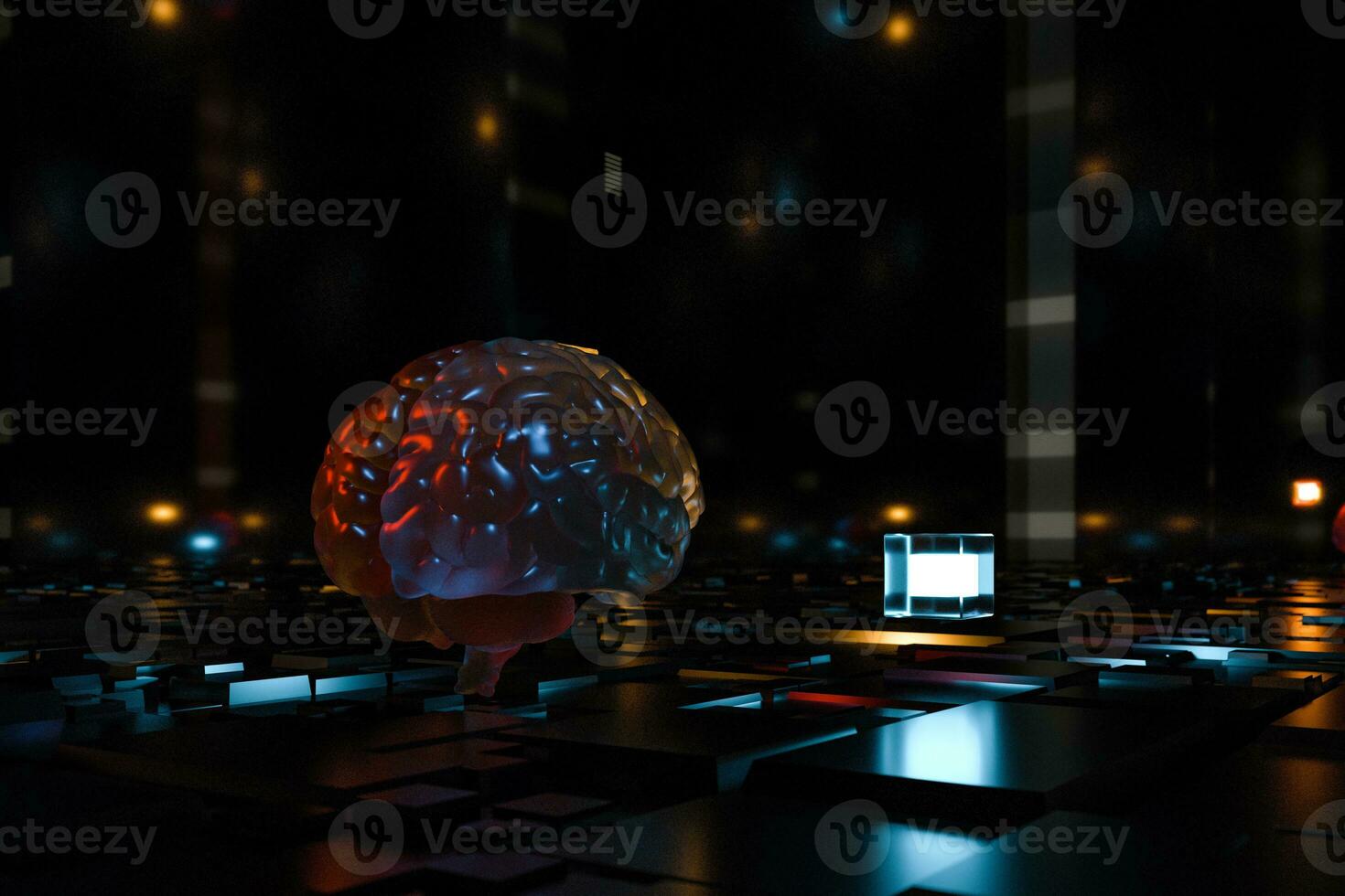 Brain and dark cubic space background, 3d rendering. photo