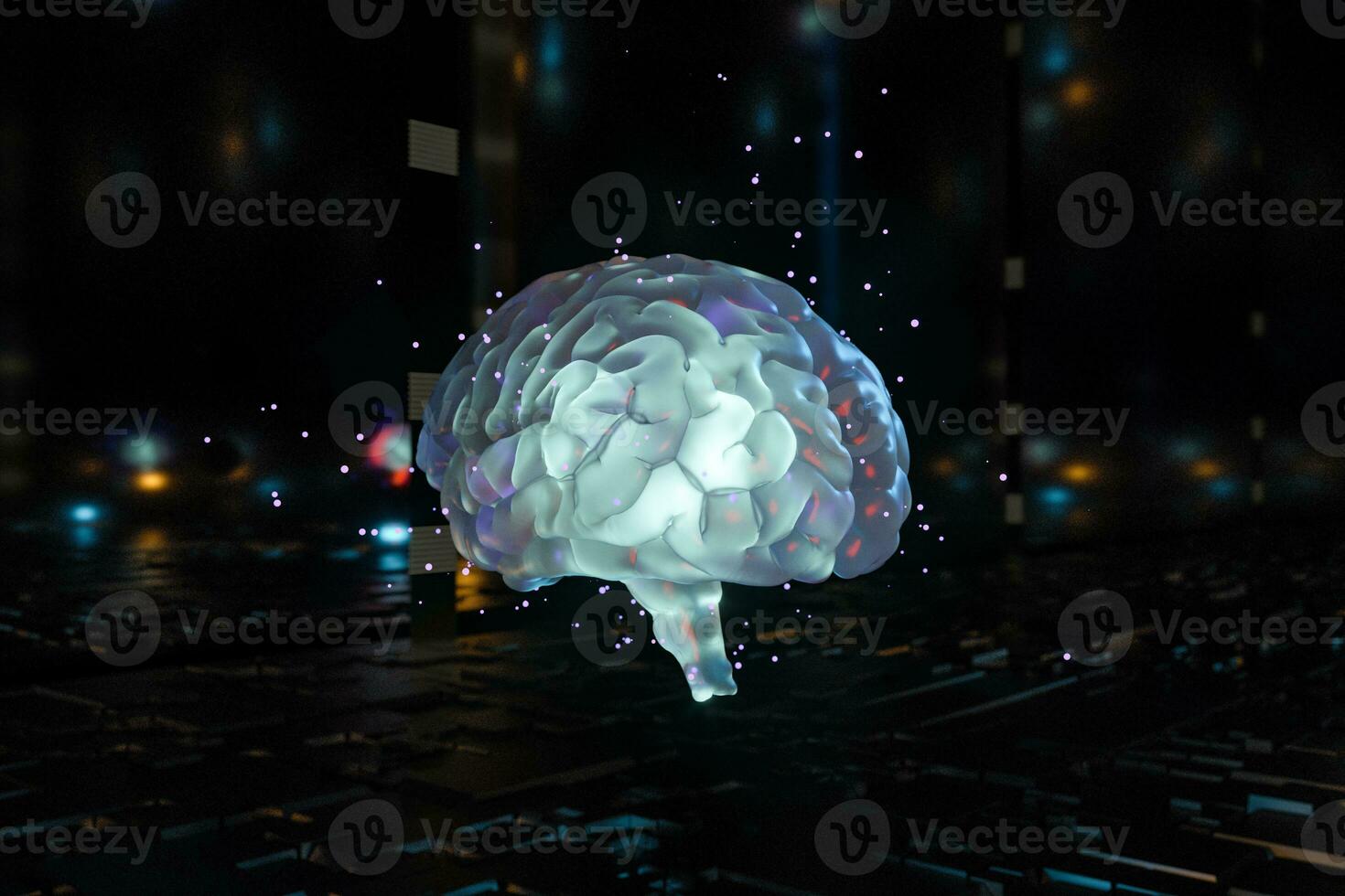 Brain and dark cubic space background, 3d rendering. photo