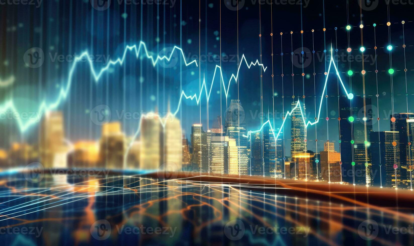 Financial stock market graph and candlestick chart on abstract background. Double exposure photo