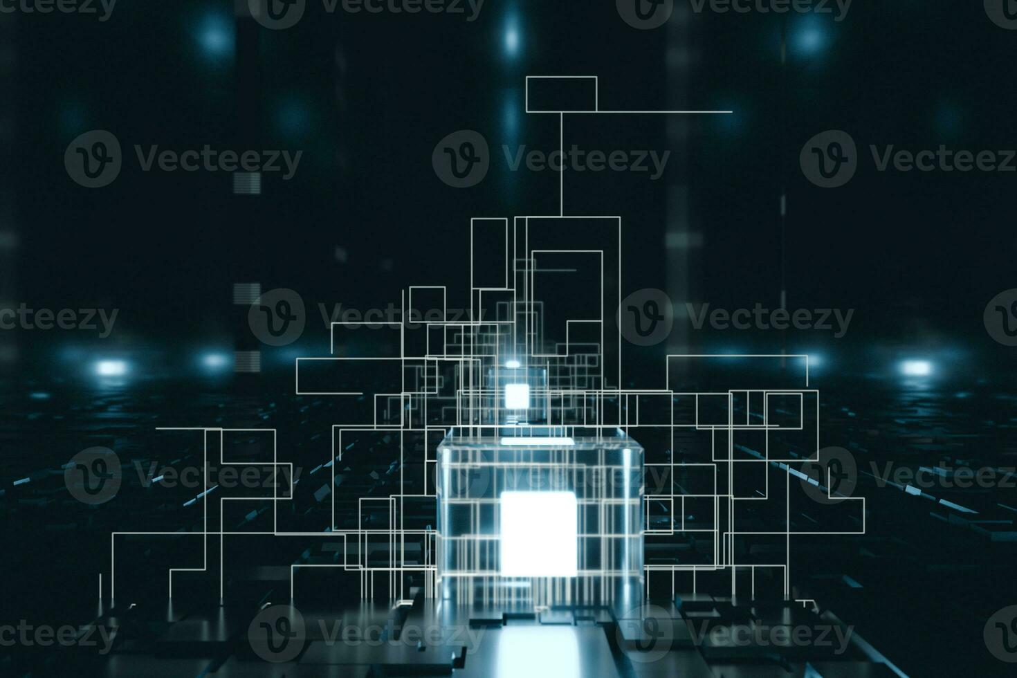 Glowing cubes with circuit lines with dark background, 3d rendering. photo