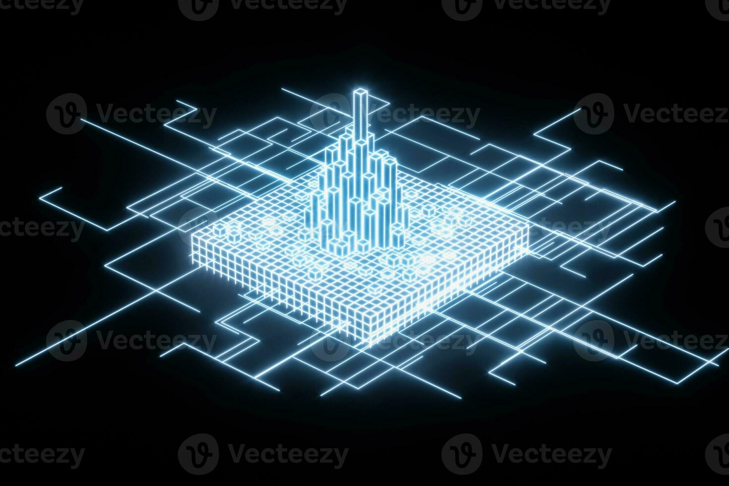 Cubes and lines with dark background, 3d rendering. photo