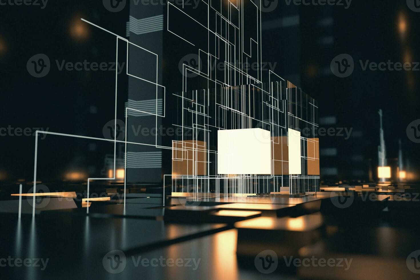 Glowing cubes with circuit lines with dark background, 3d rendering. photo