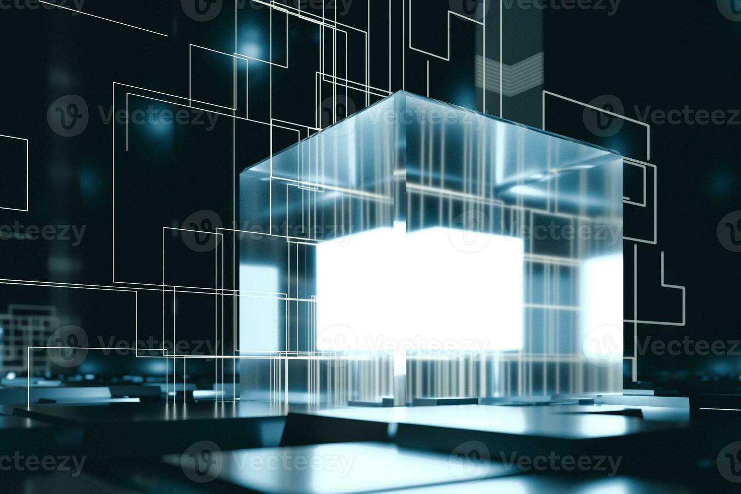Glowing cubes with circuit lines with dark background, 3d rendering. photo