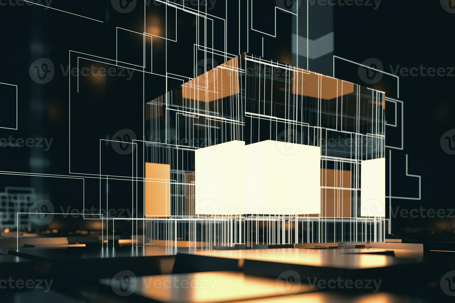 Glowing cubes with circuit lines with dark background, 3d rendering. photo