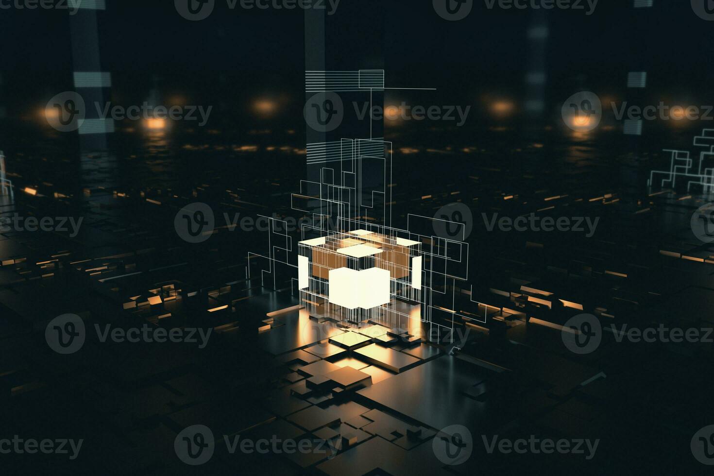 Glowing cubes with circuit lines with dark background, 3d rendering. photo