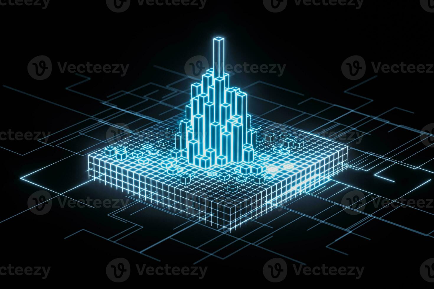 Cubes and lines with dark background, 3d rendering. photo