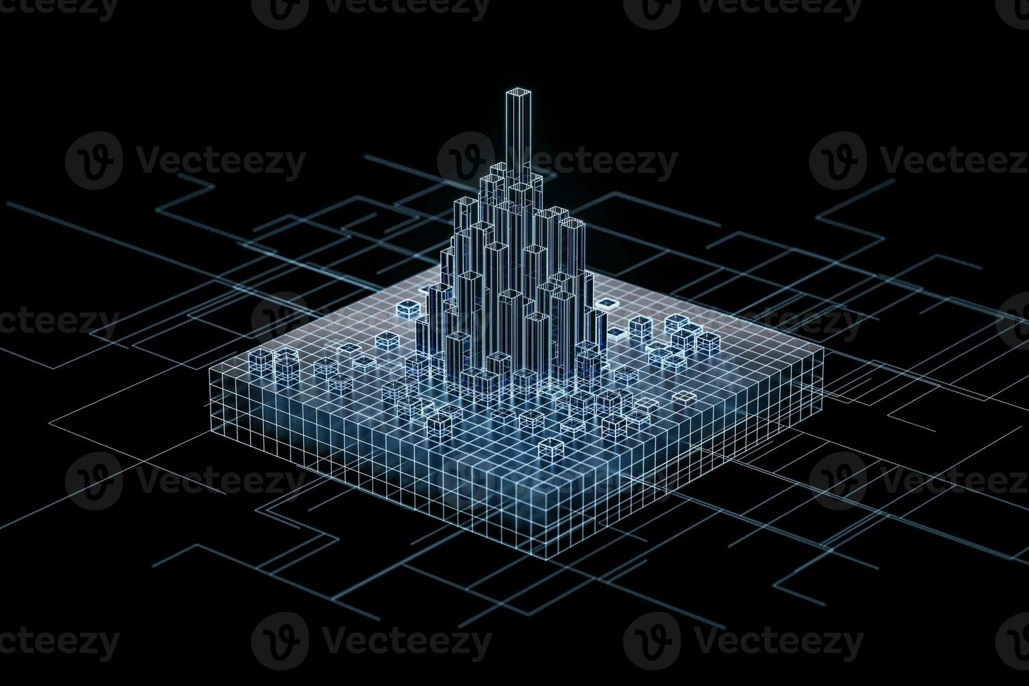 Cubes and lines with dark background, 3d rendering. photo