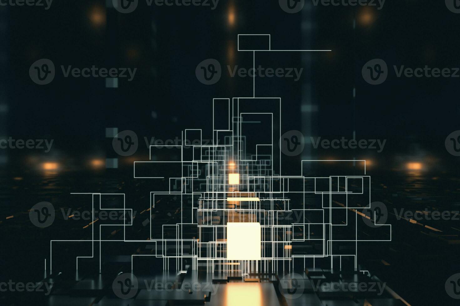 Glowing cubes with circuit lines with dark background, 3d rendering. photo