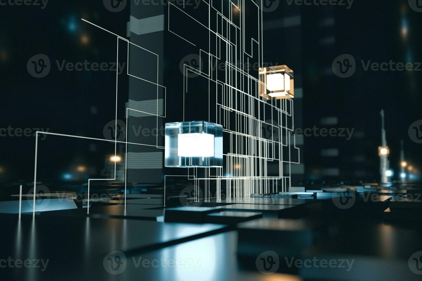 Glowing cubes with circuit lines with dark background, 3d rendering. photo