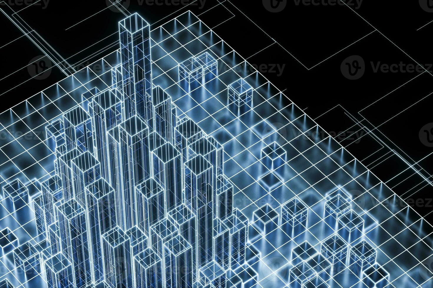 Cubes and lines with dark background, 3d rendering. photo