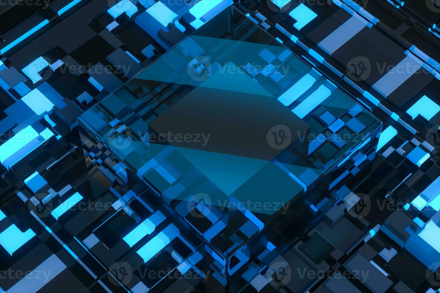 Circuit board with glowing cube and lines, 3d rendering. photo