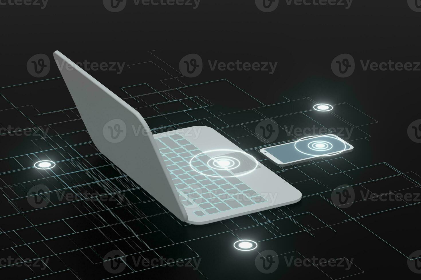 Laptop and phone with black background, technological concept, 3d rendering. photo