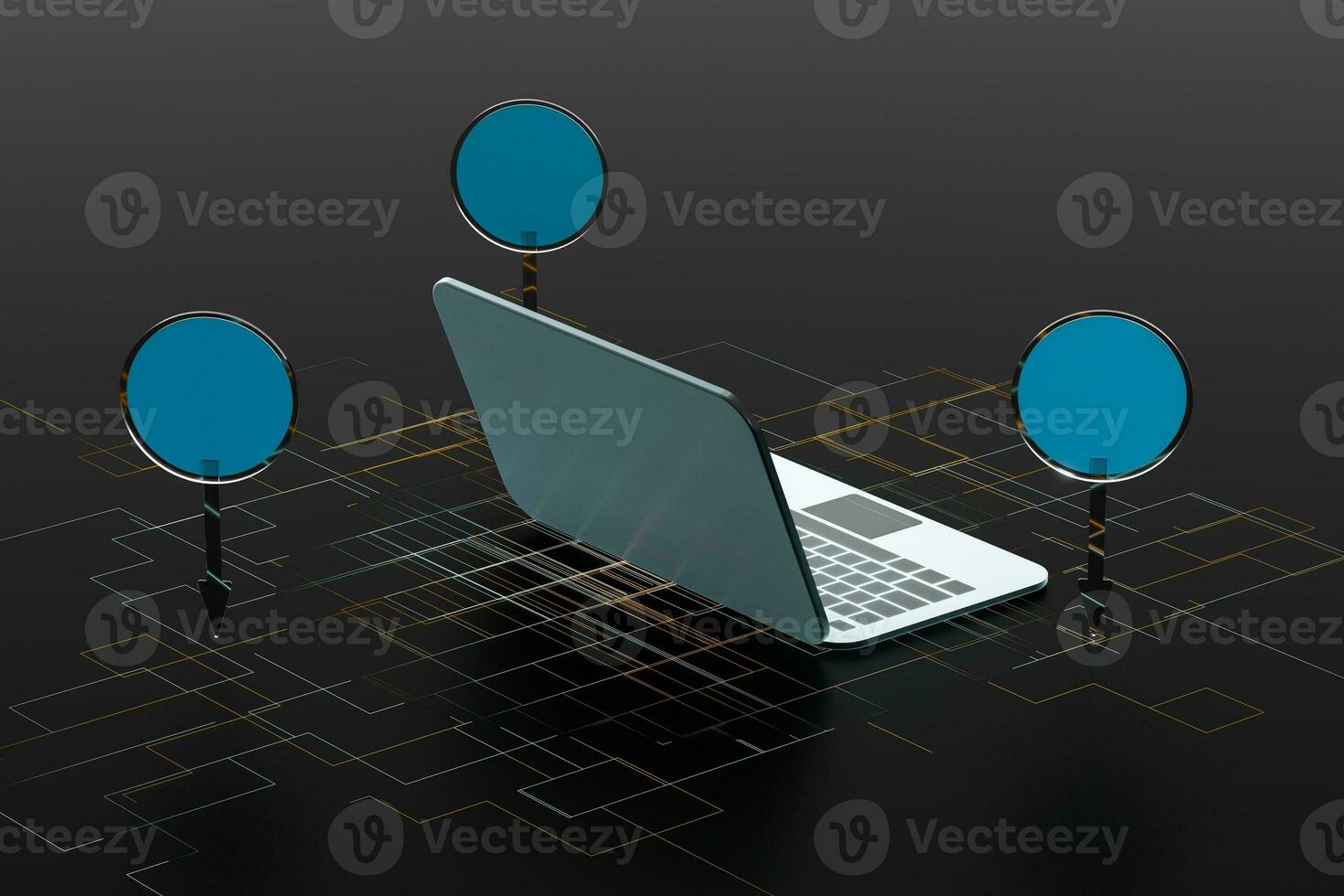 Laptop with black background, technological concept, 3d rendering. photo