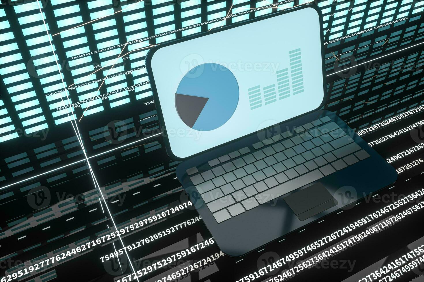 Fluorescent laptop,geometry of data, 3d rendering. photo