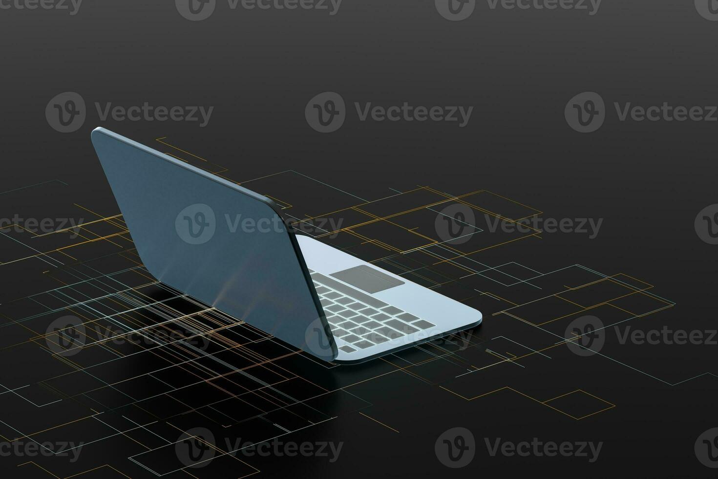 Laptop with black background, technological concept, 3d rendering. photo