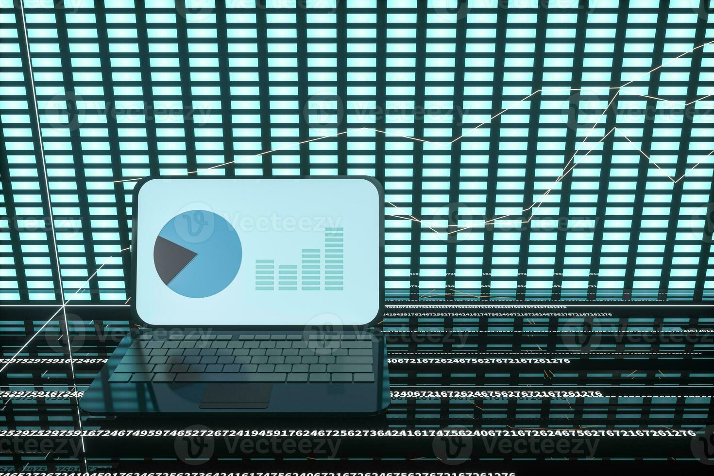 Fluorescent laptop,geometry of data, 3d rendering. photo