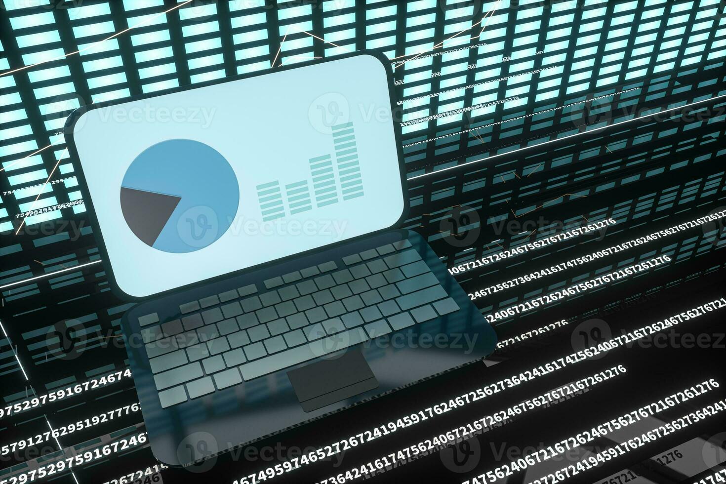 Fluorescent laptop,geometry of data, 3d rendering. photo
