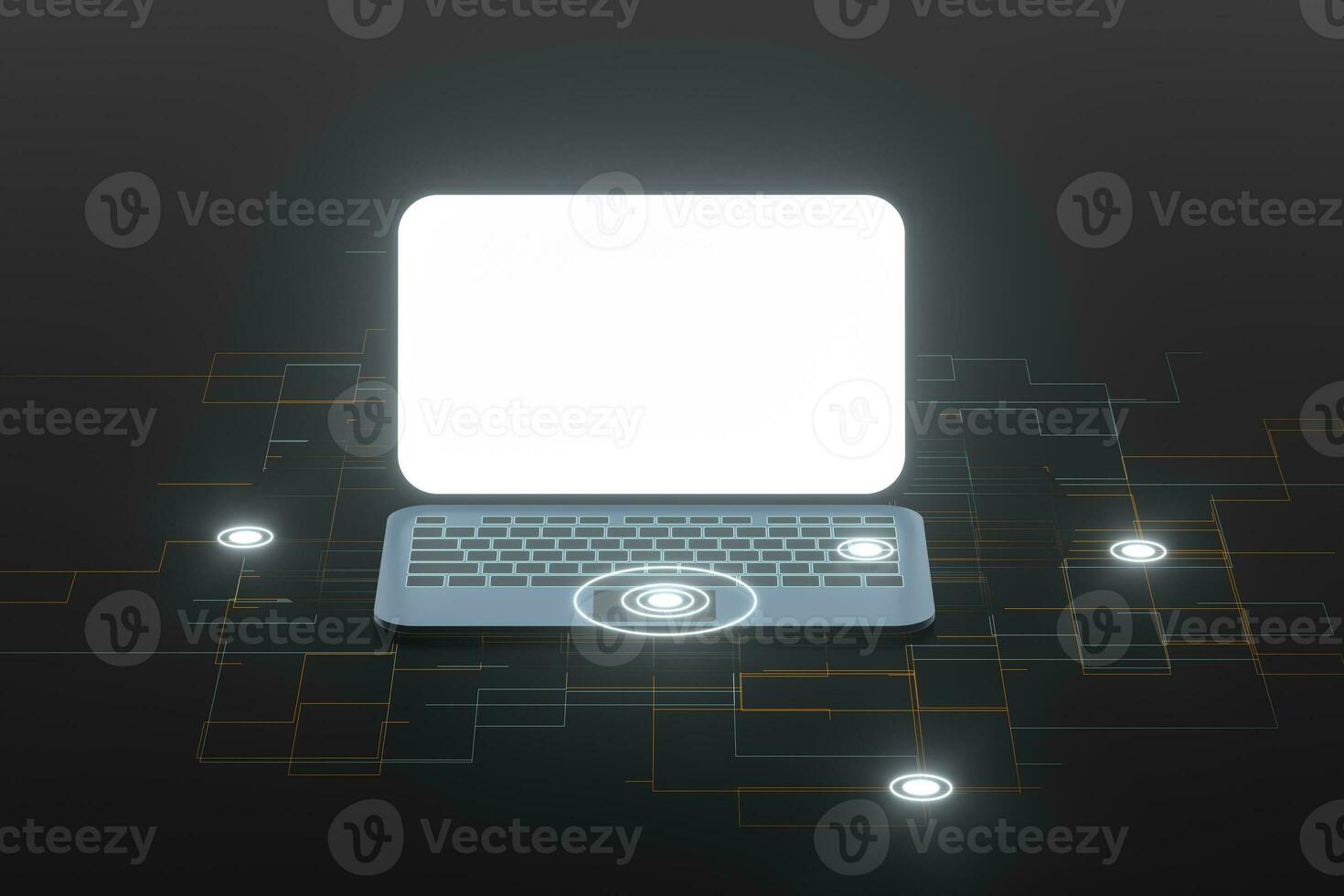 Laptop with black background, technological concept, 3d rendering. photo
