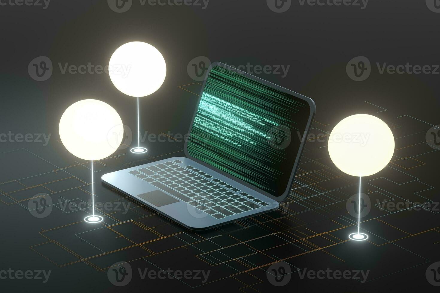 Laptop with black background, technological concept, 3d rendering. photo